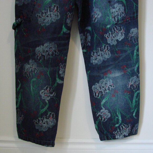 Denim Jean Overalls Japanese Floral Artsy Distressed Carpenter Loose Fit Large - Picture 15 of 16